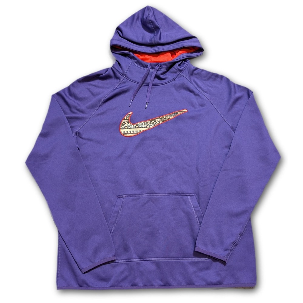 Nike Therma-FIT Mens L Hoodie Purple Orange Fleece Lined Thumb Holes Geometric
